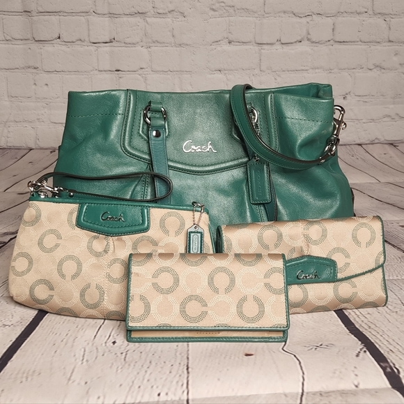 Coach Handbags - Green Tan Coach Ashley Purse Wallet Checkbook Wristlet 4 piece set